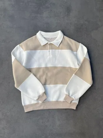 Unisex Üç İplik Parçalı Yakalı SweatShirt - Bej Unisex Üç İplik Parçalı Yakalı SweatShirt - Bej