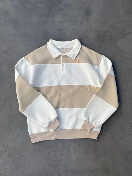 Unisex Üç İplik Parçalı Yakalı SweatShirt - Bej Unisex Üç İplik Parçalı Yakalı SweatShirt - Bej