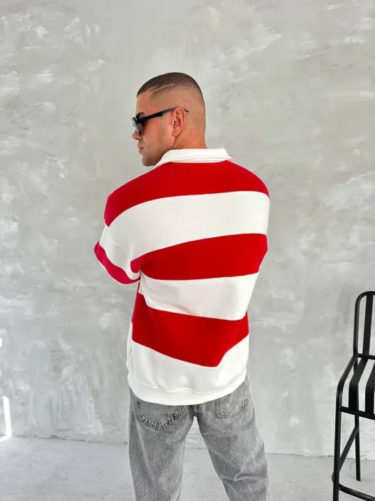 Unisex Üç İplik Parçalı Yakalı Sweatshirt - Kırmızı