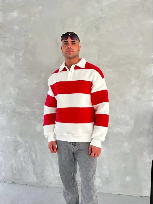 Unisex Üç İplik Parçalı Yakalı Sweatshirt - Kırmızı