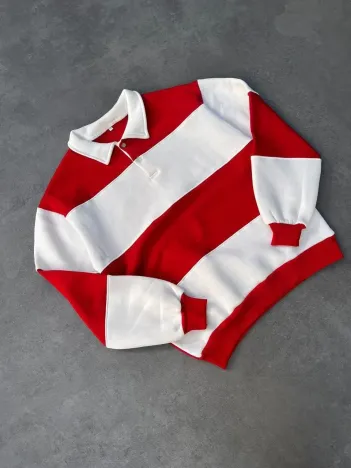 Unisex Üç İplik Parçalı Yakalı Sweatshirt - Kırmızı