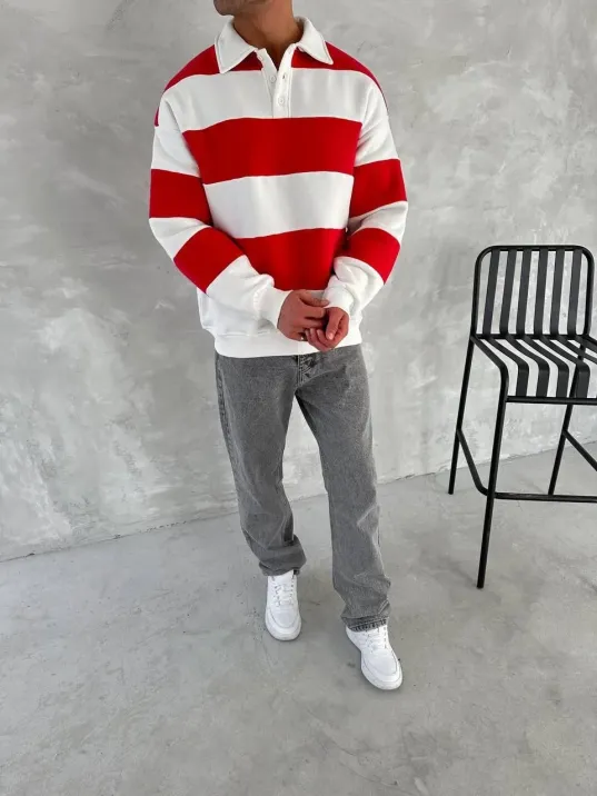 Unisex Üç İplik Parçalı Yakalı Sweatshirt - Kırmızı