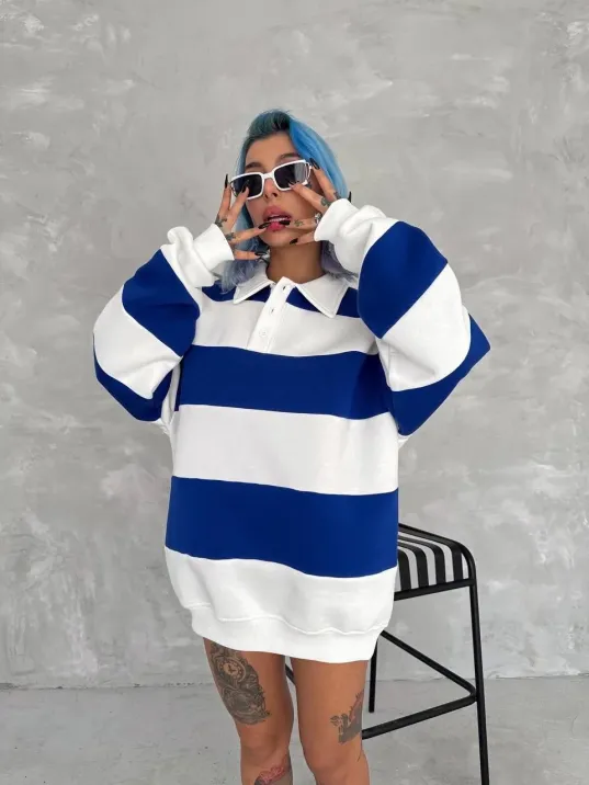 Unisex Üç İplik Parçalı Yakalı SweatShirt - Mavi Unisex Üç İplik Parçalı Yakalı SweatShirt - Mavi