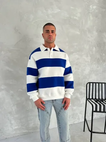 Unisex Üç İplik Parçalı Yakalı SweatShirt - Mavi Unisex Üç İplik Parçalı Yakalı SweatShirt - Mavi