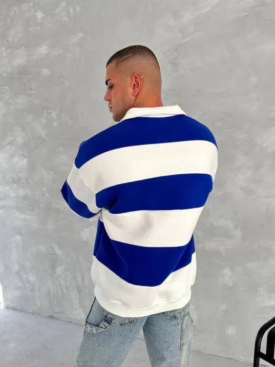 Unisex Üç İplik Parçalı Yakalı SweatShirt - Mavi