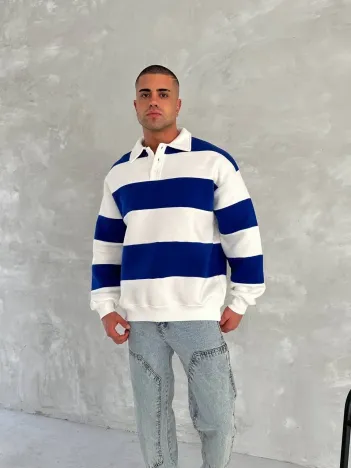 Unisex Üç İplik Parçalı Yakalı SweatShirt - Mavi Unisex Üç İplik Parçalı Yakalı SweatShirt - Mavi