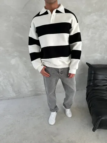 Unisex Üç İplik Parçalı Yakalı SweatShirt - Siyah Unisex Üç İplik Parçalı Yakalı SweatShirt - Siyah