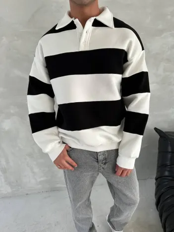 Unisex Üç İplik Parçalı Yakalı SweatShirt - Siyah Unisex Üç İplik Parçalı Yakalı SweatShirt - Siyah