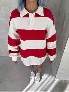 Unisex Üç İplik Parçalı Yakalı Sweatshirt - Kırmızı