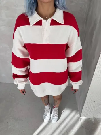 Unisex Üç İplik Parçalı Yakalı SweatShirt - Kırmızı Unisex Üç İplik Parçalı Yakalı SweatShirt - Kırmızı