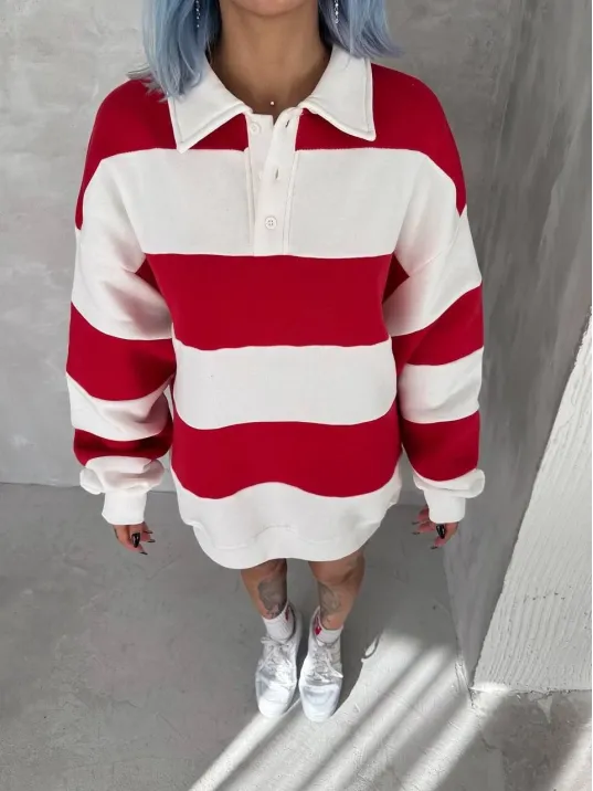 Unisex Üç İplik Parçalı Yakalı SweatShirt - Kırmızı Unisex Üç İplik Parçalı Yakalı SweatShirt - Kırmızı