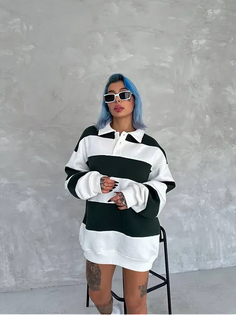 Unisex Üç İplik Parçalı Yakalı Sweatshirt - Yeşil