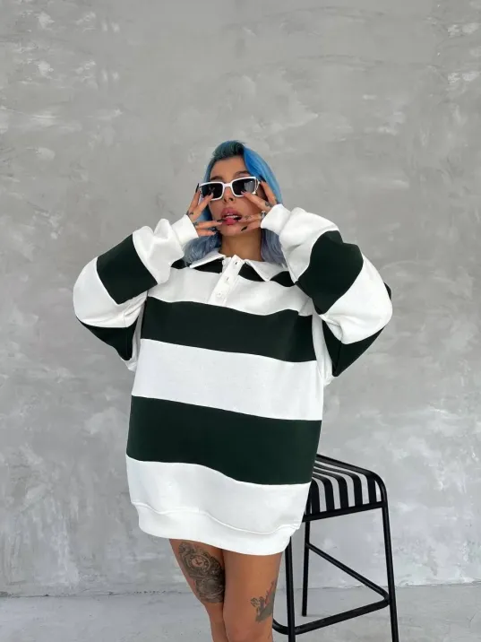 Unisex Üç İplik Parçalı Yakalı Sweatshirt - Yeşil