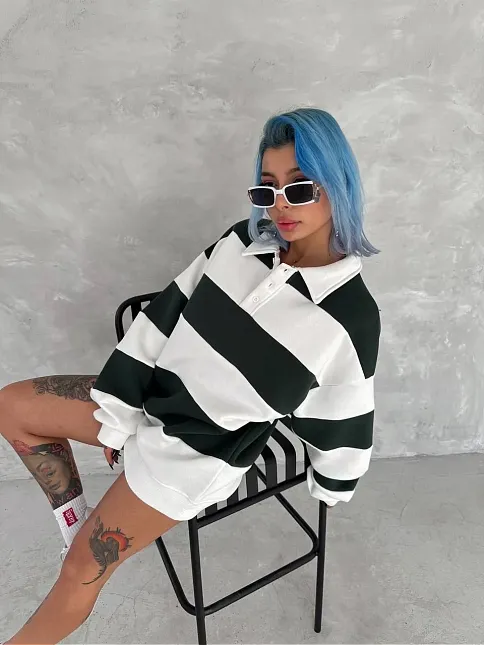 Unisex Üç İplik Parçalı Yakalı Sweatshirt - Yeşil