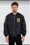 Erkek Siyah Bomber Kolej Mont – B Harfi Ve Kemik Baskılı, Su İtici Kumaş, Kapitone Astarlı Fermuarlı Ceket - Siyah