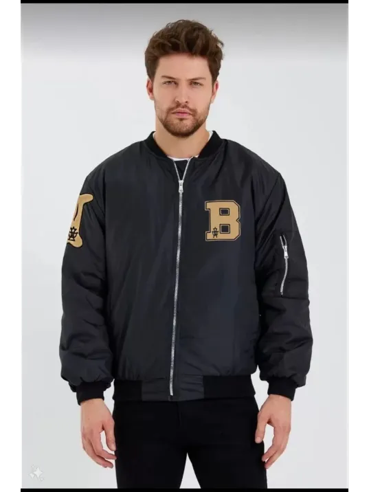 Erkek Siyah Bomber Kolej Mont – B Harfi ve Kemik Baskılı, Su İtici Kumaş, Kapitone Astarlı Fermuarlı Ceket - Siyah Erkek Siyah Bomber Kolej Mont – B Harfi ve Kemik Baskılı, Su İtici Kumaş, Kapitone Astarlı Fermuarlı Ceket - Siyah