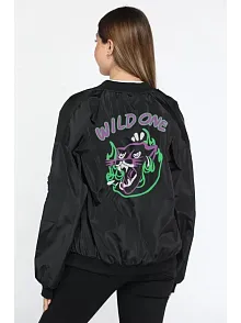 Kadın Wild One Baskılı Bomber Mont – Siyah Renk, Oversize Rahat Kalıp, Fermuarlı, Cepli, Günlük Şık Kapitone Mont - Siyah