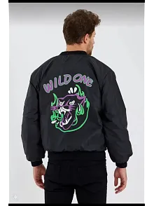 Wild One Baskılı Erkek Bomber Mont – Panter Desenli, Fermuarlı, Kapitone Astarlı Ceket - Siyah