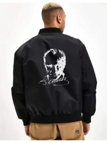 Erkek Unisex Bomber Mont – Siyah Renk, Atatürk Silüet Baskılı, Fermuarlı Cepli, Kapitone Astarlı, Bahar Kış Sezonu Günlük Ceket - Siyah Erkek Unisex Bomber Mont – Siyah Renk, Atatürk Silüet Baskılı, Fermuarlı Cepli, Kapitone Astarlı, Bahar Kış Sezonu Günlük Ceket - Siyah