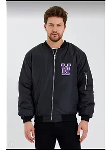 Wild One Baskılı Erkek Bomber Mont – Panter Desenli, Fermuarlı, Kapitone Astarlı Ceket - Siyah