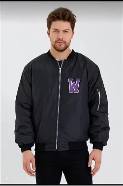 Wild One Baskılı Erkek Bomber Mont – Panter Desenli, Fermuarlı, Kapitone Astarlı Ceket - Siyah