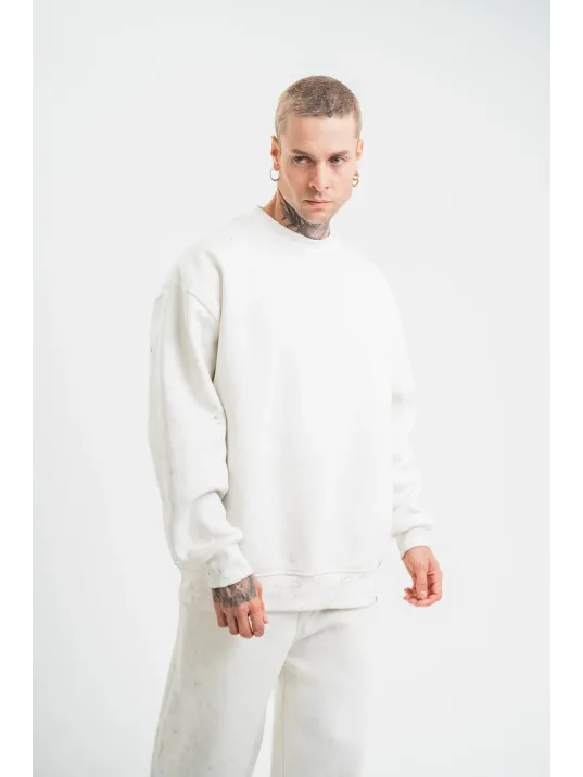 Unisex Uzun Kol Bisiklet Yaka Yıkamalı SweatShirt - Beyaz