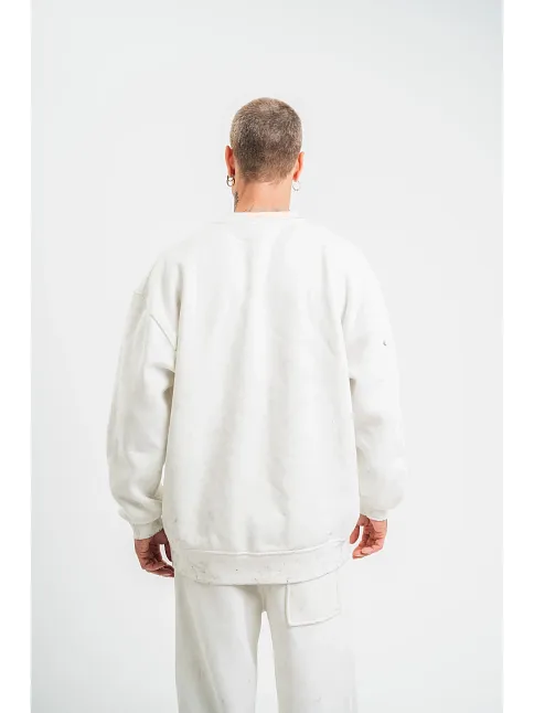 Unisex Uzun Kol Bisiklet Yaka Yıkamalı Sweatshirt - Beyaz
