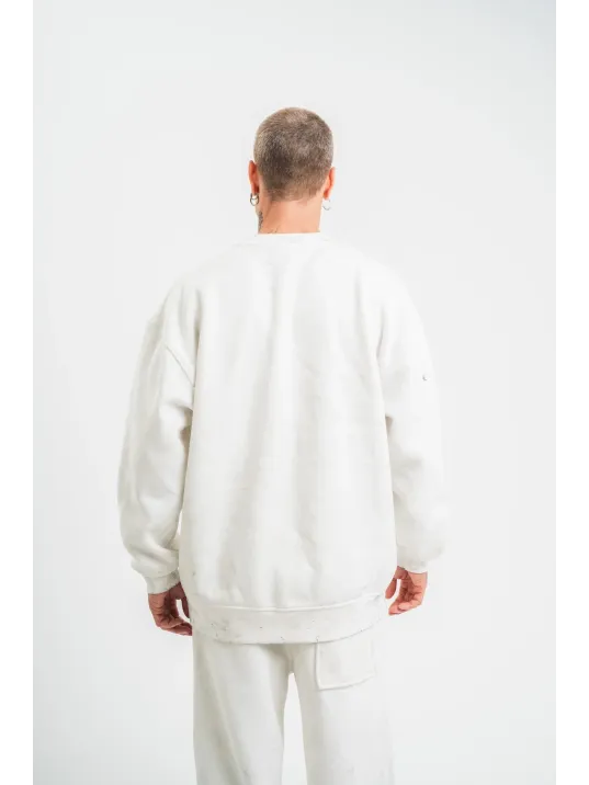 Unisex Uzun Kol Bisiklet Yaka Yıkamalı SweatShirt - Beyaz