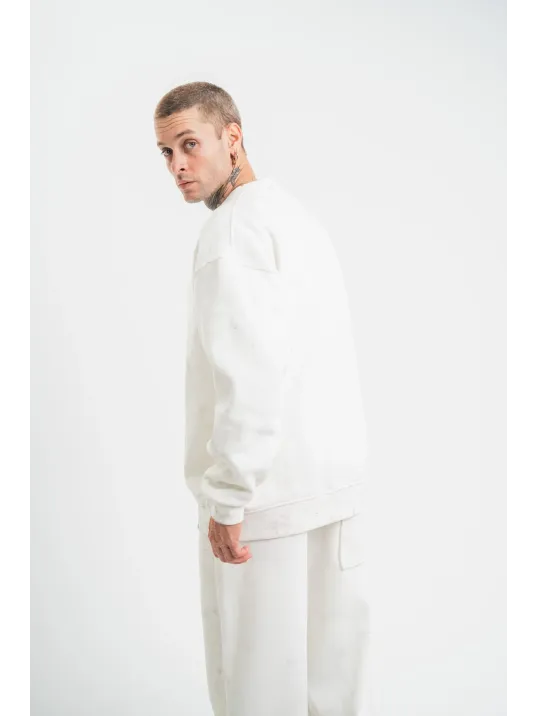 Unisex Uzun Kol Bisiklet Yaka Yıkamalı SweatShirt - Beyaz