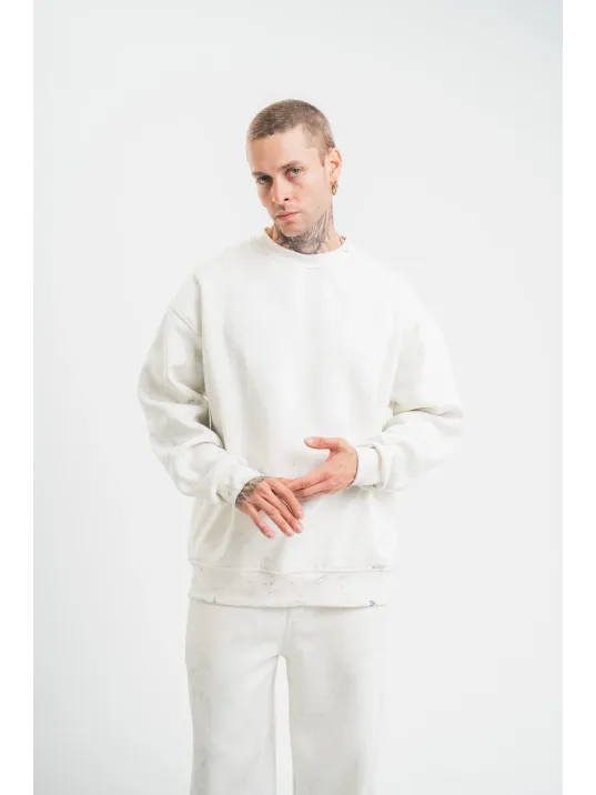 Unisex Uzun Kol Bisiklet Yaka Yıkamalı SweatShirt - Beyaz