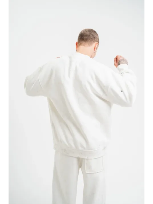 Unisex Uzun Kol Bisiklet Yaka Yıkamalı SweatShirt - Beyaz