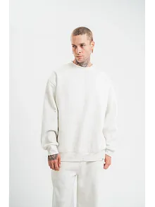 Unisex Uzun Kol Bisiklet Yaka Yıkamalı Sweatshirt - Beyaz