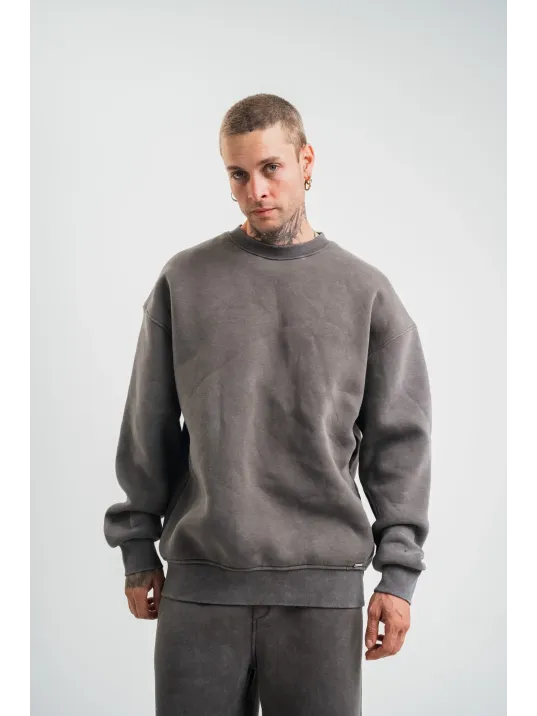 Unisex Uzun Kol Bisiklet Yaka Yıkamalı SweatShirt - Füme