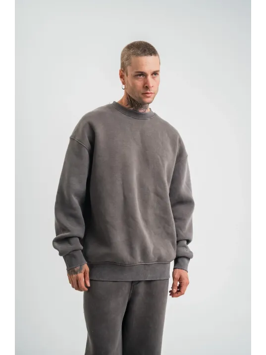 Unisex Uzun Kol Bisiklet Yaka Yıkamalı SweatShirt - Füme