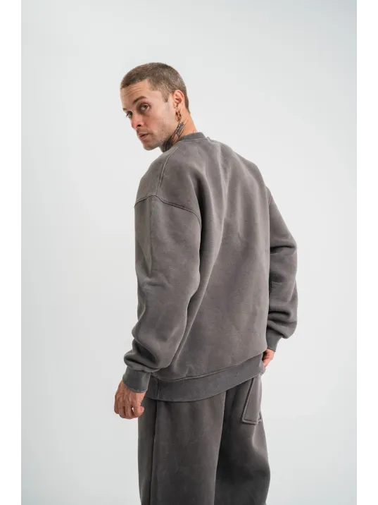 Unisex Uzun Kol Bisiklet Yaka Yıkamalı SweatShirt - Füme