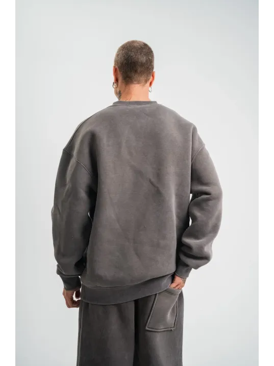 Unisex Uzun Kol Bisiklet Yaka Yıkamalı SweatShirt - Füme