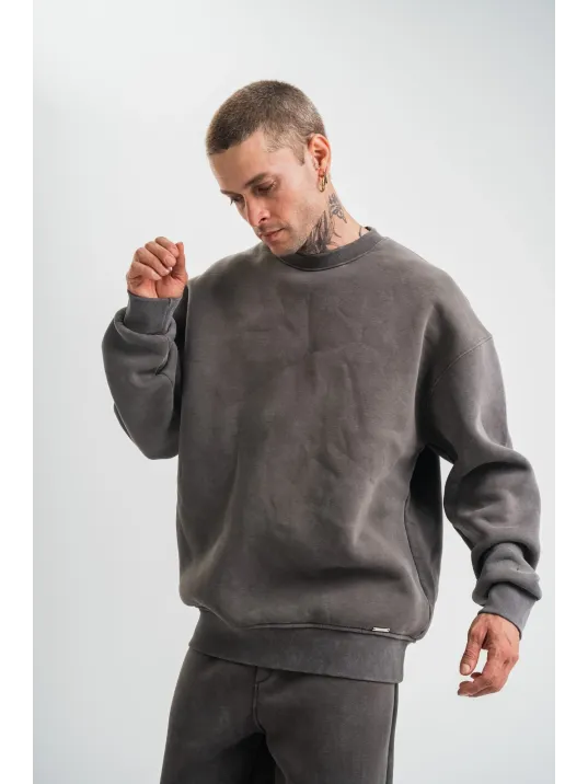 Unisex Uzun Kol Bisiklet Yaka Yıkamalı SweatShirt - Füme