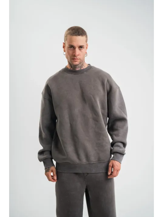 Unisex Uzun Kol Bisiklet Yaka Yıkamalı SweatShirt - Füme