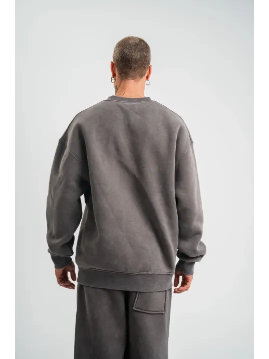 Unisex Uzun Kol Bisiklet Yaka Yıkamalı SweatShirt - Füme