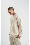 Erkek 3 İplik Pamuklu Yağ Yıkamalı Sweatshirt Double Oversize Bisiklet Yaka Uzun Kol - Krem
