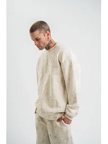 Erkek 3 İplik Pamuklu Yağ Yıkamalı Sweatshirt Double Oversize Bisiklet Yaka Uzun Kol - Krem