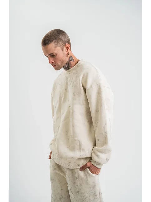 Erkek 3 İplik Pamuklu Yağ Yıkamalı Sweatshirt Double Oversize Bisiklet Yaka Uzun Kol - Krem
