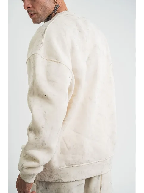 Erkek 3 İplik Pamuklu Yağ Yıkamalı Sweatshirt Double Oversize Bisiklet Yaka Uzun Kol - Krem