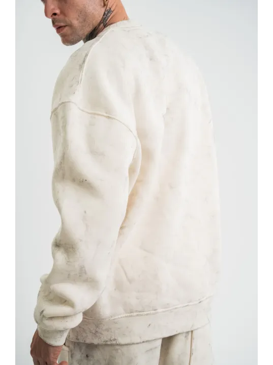 Erkek 3 İplik Pamuklu Yağ Yıkamalı Sweatshirt Double Oversize Bisiklet Yaka Uzun Kol - Krem