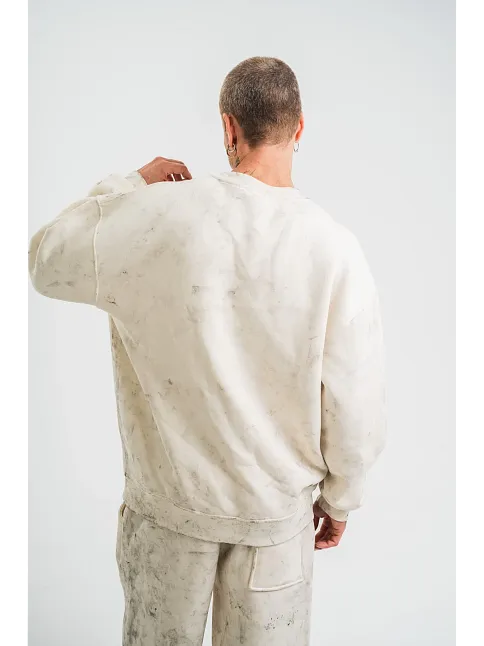 Erkek 3 İplik Pamuklu Yağ Yıkamalı Sweatshirt Double Oversize Bisiklet Yaka Uzun Kol - Krem