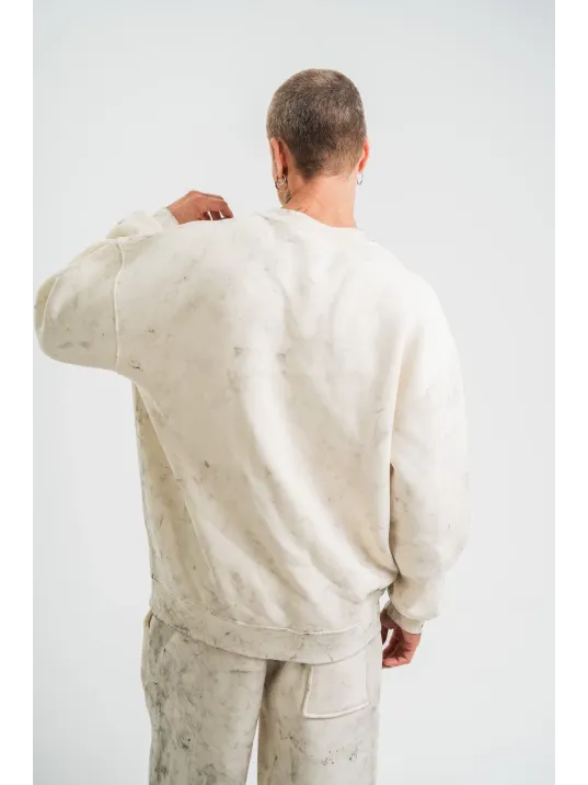 Erkek 3 İplik Pamuklu Yağ Yıkamalı Sweatshirt Double Oversize Bisiklet Yaka Uzun Kol - Krem