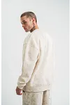 Erkek 3 İplik Pamuklu Yağ Yıkamalı Sweatshirt Double Oversize Bisiklet Yaka Uzun Kol - Krem