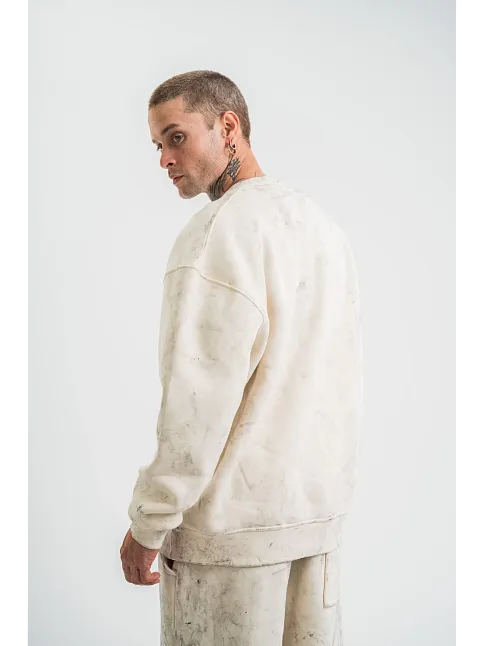 Erkek 3 İplik Pamuklu Yağ Yıkamalı Sweatshirt Double Oversize Bisiklet Yaka Uzun Kol - Krem