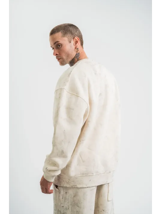 Erkek 3 İplik Pamuklu Yağ Yıkamalı Sweatshirt Double Oversize Bisiklet Yaka Uzun Kol - Krem