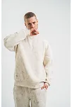 Erkek 3 İplik Pamuklu Yağ Yıkamalı Sweatshirt Double Oversize Bisiklet Yaka Uzun Kol - Krem